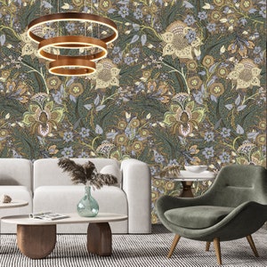 Green Floral Wallpaper, Peel & Stick and Traditional Wallpaper, Boho Chic Wallpaper, Custom Size Mural, Designer Removable Wallpaper
