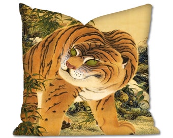 Japanese Tiger Cushion Cover, Vintage Cushion, Animal Design Pillow, Organic Cotton Cushion, Reversible Cushion, Suede Pillow