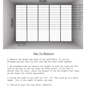 May include: Diagram showing how to measure a wall for wallpaper. The diagram shows a wall divided into panels, with measurements in inches and centimetres. The text explains how to measure the height and width of the wall, and how to calculate the number of panels needed.