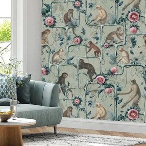 Monkey Trellis Wallpaper Mural, Peel & Stick and Traditional Wallpaper, Vintage Monkey Wallpaper, Passion Flower, Removable Wallpaper