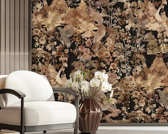 Chinoiserie Designer Wallpaper, Peel & Stick Wallpaper, Mother of Pearl, Oriental Wallpaper, Vintage, Floral, Pagoda, Bird, Wallpaper