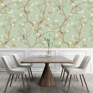Modern Chinoiserie Wallpaper, Peel & Stick and Traditional Wallpaper,  Bird Wallpaper, Floral, Oriental, Removable, Designer Wallpaper