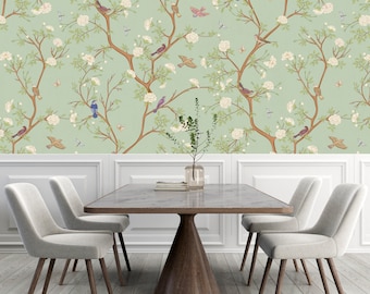 Modern Chinoiserie Wallpaper, Peel & Stick and Traditional Wallpaper,  Bird Wallpaper, Floral, Oriental, Removable, Designer Wallpaper