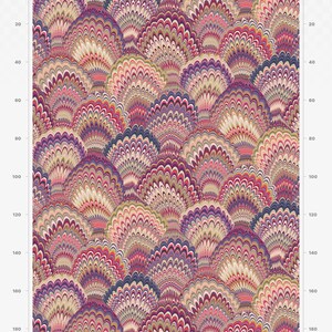 May include: A repeating pattern of colourful, overlapping fan shapes in shades of pink, purple, red, brown, and cream. The pattern is 200 cm wide and 200 cm high.