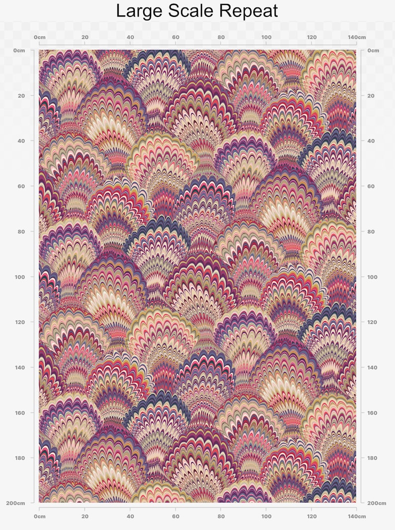 May include: A repeating pattern of colourful, overlapping fan shapes in shades of pink, purple, red, brown, and cream. The pattern is 200 cm wide and 200 cm high.