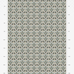 May include: A repeating pattern with a small scale design. The pattern features a series of stylized, symmetrical shapes in shades of beige, teal, and dark brown. The text "Small Scale Repeat" is at the top of the image.