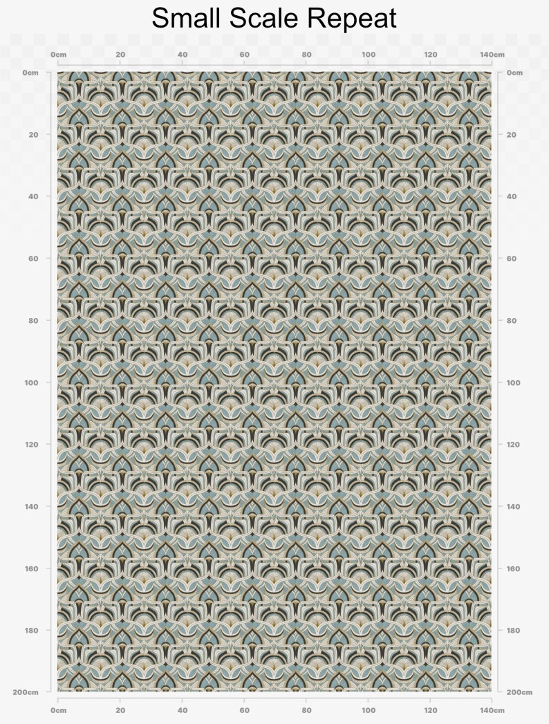 May include: A repeating pattern with a small scale design. The pattern features a series of stylized, symmetrical shapes in shades of beige, teal, and dark brown. The text "Small Scale Repeat" is at the top of the image.
