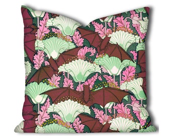 Colourful Art Nouveau Bat Pattern Cushion, Vintage Floral Cushion, Organic Cotton Cushion, Faux Suede Cushion