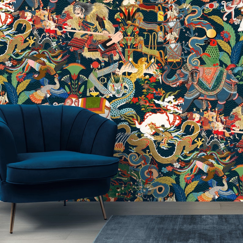 May include: A colorful wallpaper mural featuring a vibrant, intricate design with dragons, mythical creatures, and floral patterns. The background is a deep blue, and the design includes gold, red, green, and yellow accents.