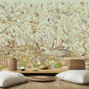 Carta da parati Chinoiserie, Carta da parati Gru, Carta da parati Orientale, Carta da parati di Design, Carta da parati Pavone, Murale Ampio, Uccelli, Fiori, Pagode