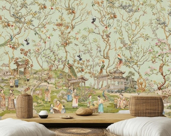 Chinoiserie Wallpaper, Crane Wallpaper, Oriental Wallpaper, Designer Wallpaper, Peacock Wallpaper, Wide Mural, Birds, Flowers, Pagodas