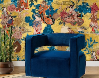 Gold Chinoiserie Wallpaper, Peel & Stick and Traditional Wallpaper, Japanese Geisha Wallpaper, Oriental, Removable, Designer Wallpaper