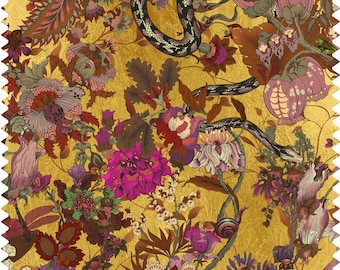 Gold Botanical Fabric, Designer Fabric, Velvet Fabric | Material, Organic | Waterproof Canvas Fabric, Floral | Snake | Moth Fabric