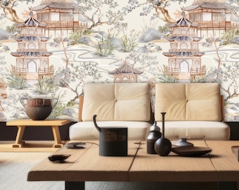 Chinoiserie-pagodebehang, Oosters behang, Peel & Stick-behang, Chinees handgeschilderd behang, Designerbehang