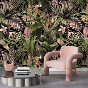 Carta da parati tropicale con orchidea e palma, carta da parati con foglie di palma, carta da parati floreale tropicale, carta da parati staccabile e adesiva, carta da parati rimovibile