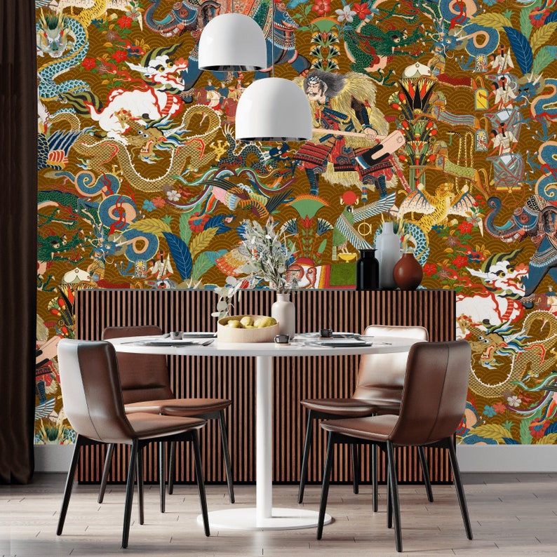 May include: A dining room with a wallpaper featuring a colorful and intricate design of dragons, flowers, and other mythical creatures. The wallpaper is set against a gold background. The room is furnished with a white table and six brown chairs.