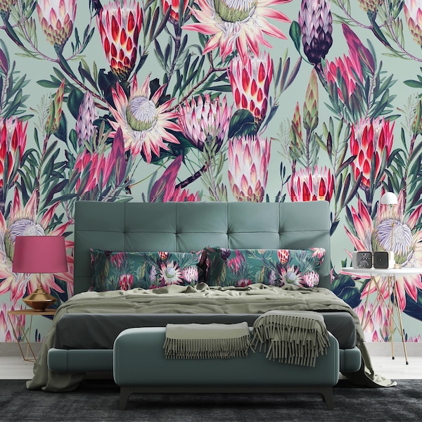 Protea Wallpaper, Peel & Stick and Traditional Wallpaper, Designer Floral Mural, Topical Mural, Exotic Wallpaper, Sustainable Design