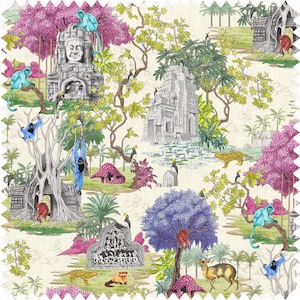 May include: A colourful, whimsical illustration of a jungle scene with monkeys, birds, and a temple. The background is a cream colour with green and pink foliage.