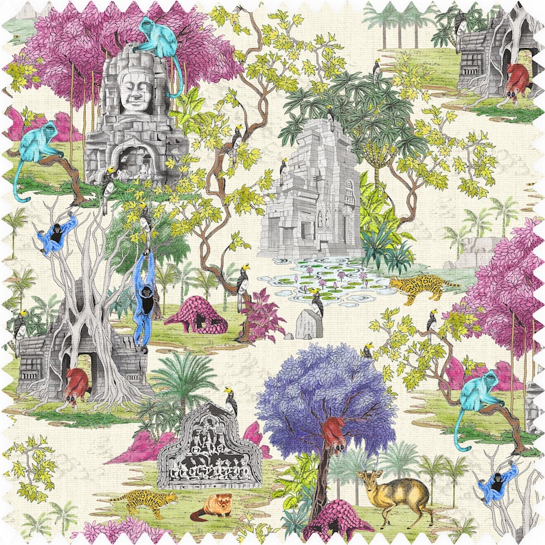 May include: A colourful, whimsical illustration of a jungle scene with monkeys, birds, and a temple. The background is a cream colour with green and pink foliage.