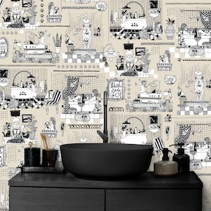 May include: Black and white patterned wallpaper with a bathroom theme. The wallpaper features illustrations of people taking baths, showering, and getting ready in the bathroom. The wallpaper is printed on a beige background.