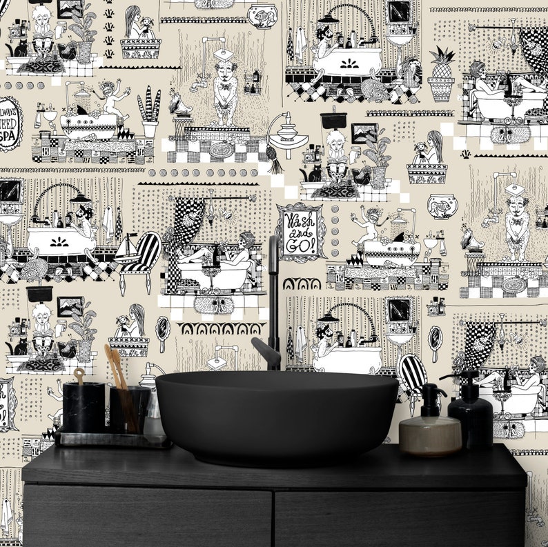 May include: Black and white patterned wallpaper with a bathroom theme. The wallpaper features illustrations of people taking baths, showering, and getting ready in the bathroom. The wallpaper is printed on a beige background.