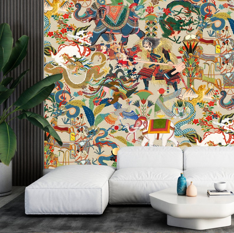 May include: A colorful wallpaper mural featuring a repeating pattern of elephants, dragons, and mythical creatures. The background is a light beige with accents of blue, green, red, and gold.