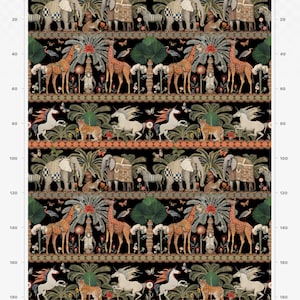 May include: A black and white repeating pattern featuring a variety of animals, including elephants, giraffes, zebras, tigers, and unicorns. The pattern is set against a dark background with lush green foliage and colorful flowers.