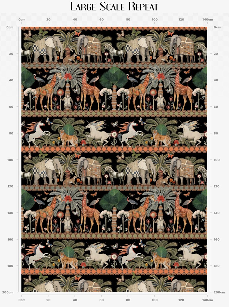 May include: A black and white repeating pattern featuring a variety of animals, including elephants, giraffes, zebras, tigers, and unicorns. The pattern is set against a dark background with lush green foliage and colorful flowers.