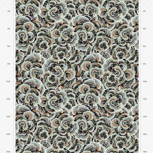 May include: A seamless pattern featuring a repeating design of overlapping, multi-colored, concentric circles resembling a mushroom or flower. The colors are shades of brown, green, blue, and white.
