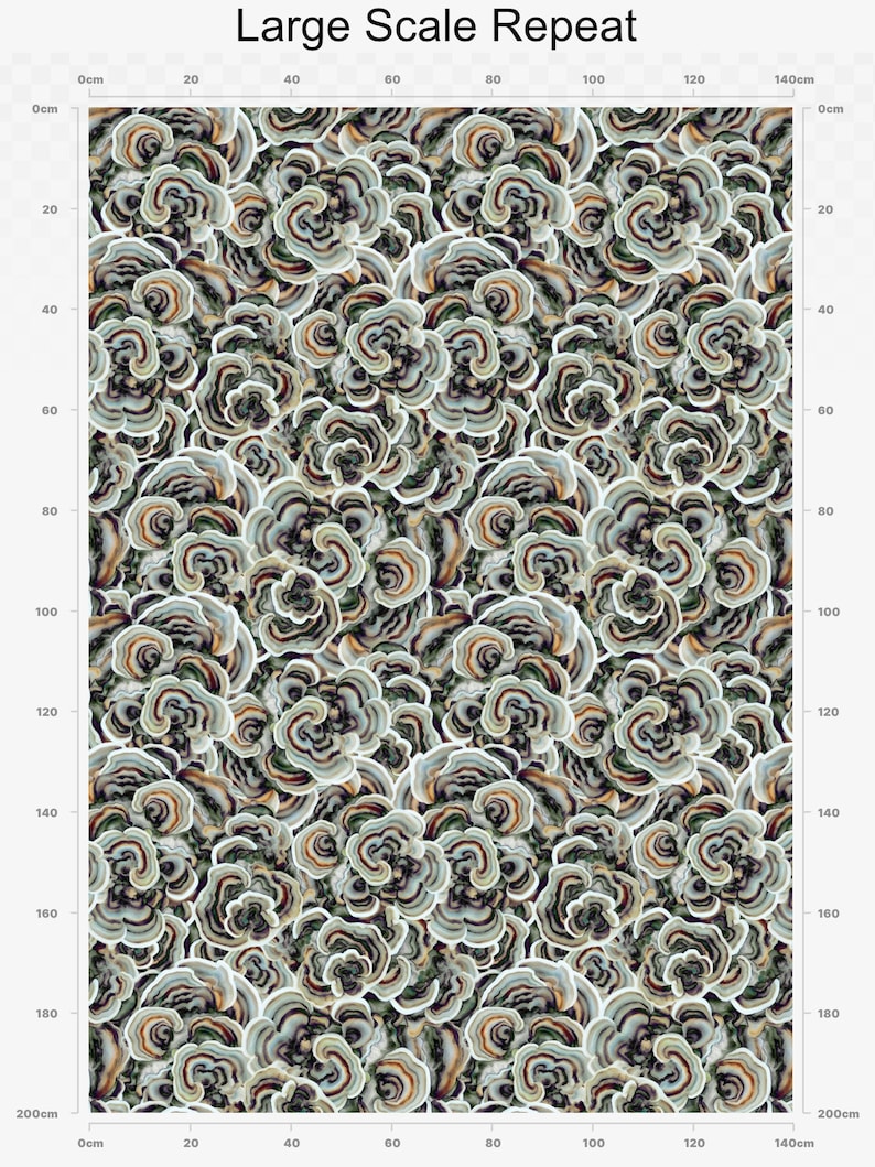 May include: A seamless pattern featuring a repeating design of overlapping, multi-colored, concentric circles resembling a mushroom or flower. The colors are shades of brown, green, blue, and white.