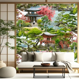 Könnte beinhalten: Ein Aquarellbild, das einen japanischen Garten mit rotem und grünem Laub, einer roten Brücke und zwei traditionellen japanischen Pagoden zeigt. Das Bild ist vor dem Hintergrund eines blauen Himmels und weißer Wolken gemalt.