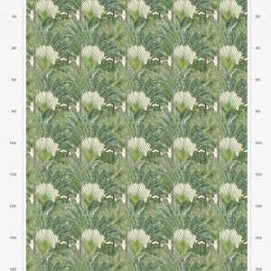 May include: A seamless pattern featuring a repeating design of green tropical leaves and plants on a cream background. The pattern is 200 cm by 140 cm.