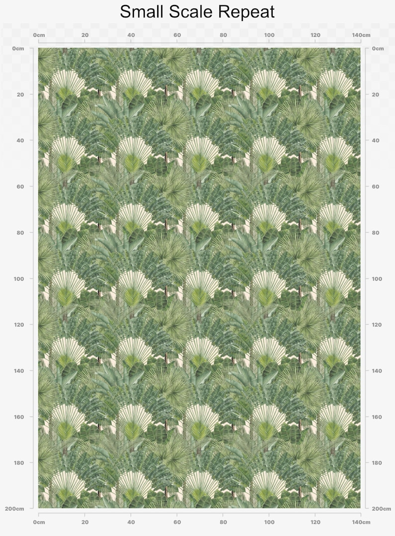 May include: A seamless pattern featuring a repeating design of green tropical leaves and plants on a cream background. The pattern is 200 cm by 140 cm.