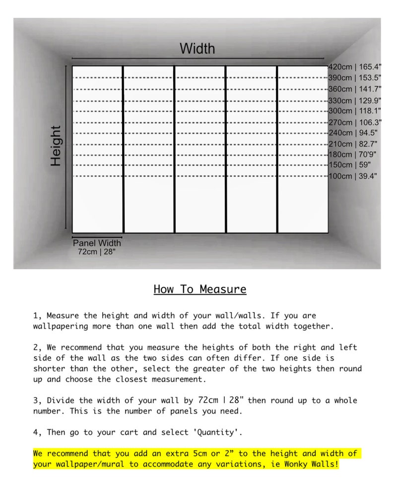 May include: Diagram showing how to measure a wall for wallpaper. The diagram shows a wall divided into panels, with measurements in inches and centimeters. The text explains how to measure the height and width of the wall, and how to calculate the number of panels needed.