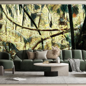 Jungle Mural, Peel & Stick and Traditional Wallpaper, Tropical Mural, Palm Leaf Wallpaper, Scenic Mural, Designer Wallpaper, Eco Design