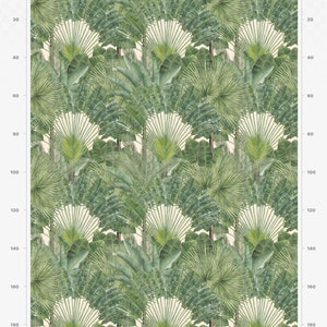 May include: A seamless pattern featuring a large-scale repeat of tropical foliage in shades of green on a cream background. The pattern includes palm leaves, banana leaves, and other tropical plants.