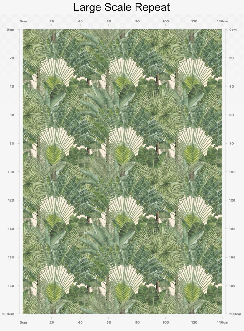 May include: A seamless pattern featuring a large-scale repeat of tropical foliage in shades of green on a cream background. The pattern includes palm leaves, banana leaves, and other tropical plants.