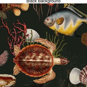 以下が含まれることがあります： 黒い背景に、ウミガメ、魚、サンゴのカラフルなイラスト。カメは茶色とオレンジで、甲羅に模様が描かれている。魚は青と黄色で、大きなヒレがついている。サンゴは赤とピンクだ。