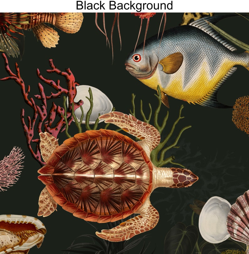 以下が含まれることがあります： 黒い背景に、ウミガメ、魚、サンゴのカラフルなイラスト。カメは茶色とオレンジで、甲羅に模様が描かれている。魚は青と黄色で、大きなヒレがついている。サンゴは赤とピンクだ。