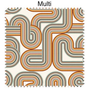 May include: Multicoloured geometric pattern fabric with a white background. The pattern features curved lines and stripes in shades of orange, yellow, blue, green, and brown.