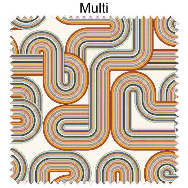 May include: Multicoloured geometric pattern fabric with a white background. The pattern features curved lines and stripes in shades of orange, yellow, blue, green, and brown.