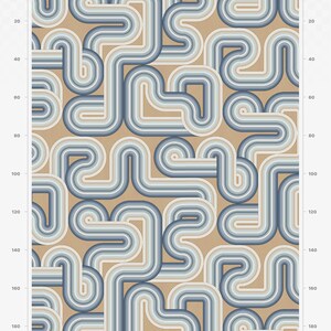 May include: A seamless pattern featuring a repeating design of overlapping, curved lines in shades of blue and beige. The pattern is set against a beige background.
