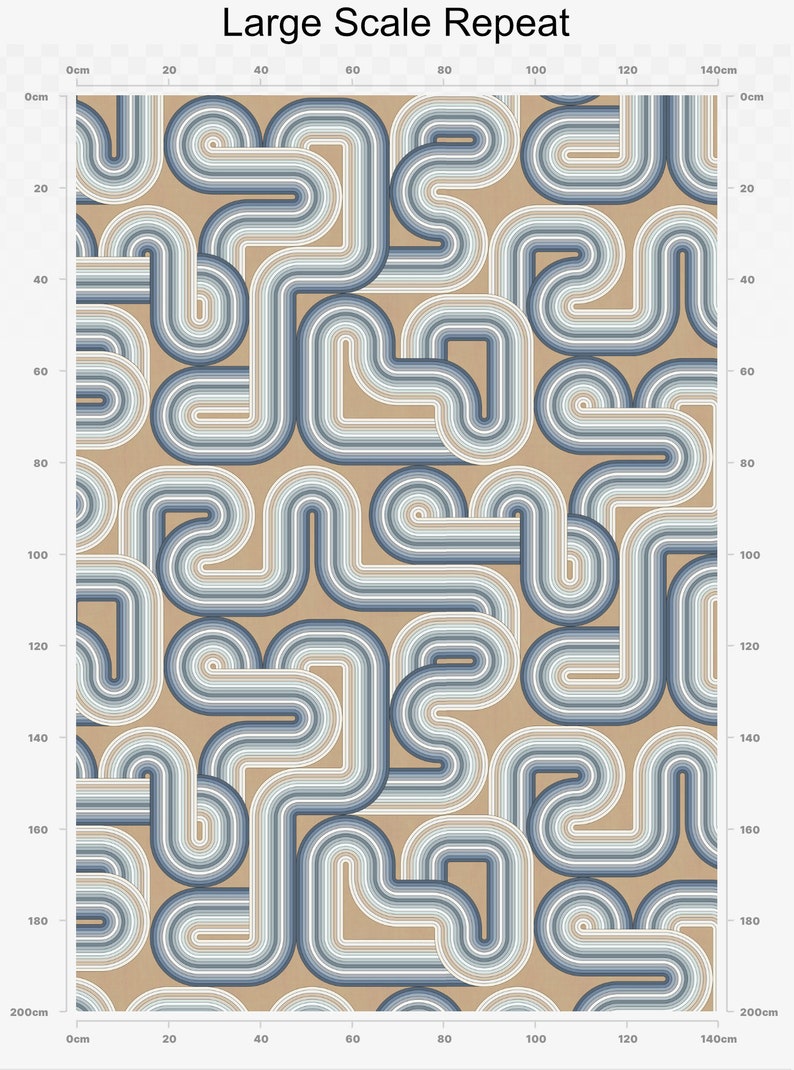 May include: A seamless pattern featuring a repeating design of overlapping, curved lines in shades of blue and beige. The pattern is set against a beige background.
