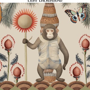 May include: A whimsical illustration of a monkey wearing a striped shirt and standing on a pineapple-like base. The monkey is surrounded by colorful flowers and a butterfly with intricate patterns. The background is a light beige color.