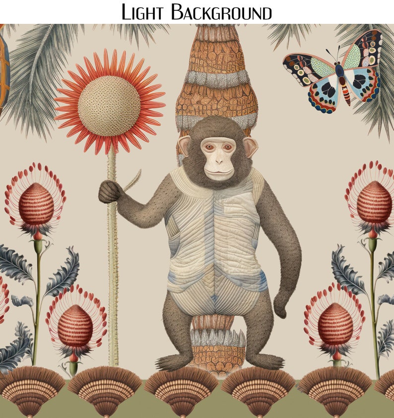 May include: A whimsical illustration of a monkey wearing a striped shirt and standing on a pineapple-like base. The monkey is surrounded by colorful flowers and a butterfly with intricate patterns. The background is a light beige color.