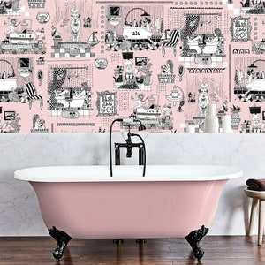 May include: A pink bathtub with black feet and a black tap. The bathtub is in front of a wall with a black and white patterned wallpaper featuring a repeating design of people taking baths and the text "Wash, Wash, Go!"