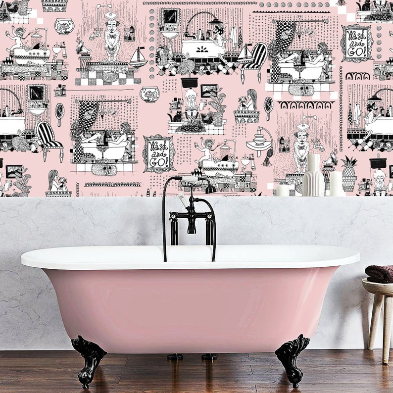 May include: A pink bathtub with black feet and a black tap. The bathtub is in front of a wall with a black and white patterned wallpaper featuring a repeating design of people taking baths and the text "Wash, Wash, Go!"