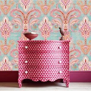 Rosa Paisley Tapete, Schälen und Aufkleben und Traditionelle Tapete, Vintage Tapete, Boho Tapete, Designer Tapete, Indische Tapete