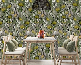 Vintage Olive Wallpaper Mural, Botanical Wallpaper, Leaves Wallpaper, Peel & Stick Wallpaper, Traditional Wallpaper, Forest Wallpaper
