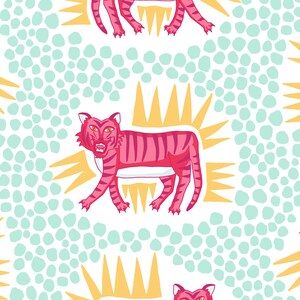 May include: A seamless pattern featuring pink tigers with black stripes, walking on a white background with a light blue and white polka dot pattern.  The tigers are surrounded by yellow sunbursts.
